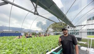 Naviin Thinagarajan, Founder and CEO of Sayur Kita Asia Sdn Bhd. with students of Mersing Polytechnic at the modern farming facility