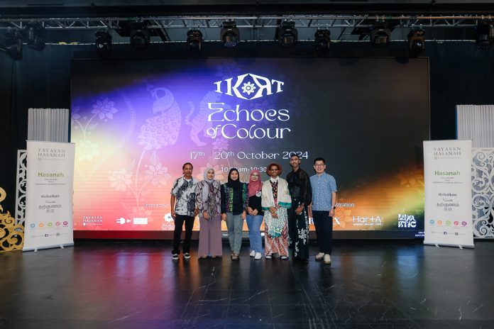 Left to right, Tipah Jusoh and Darus Idris, Batik Block and Painting (Canting) Artisans, Khatijah binti Mohamad, a Clay Batik Artisan, Hasmah binti Yasmin, a Songket Weaver, Joshua D. Louis, an Embroidery Expert, Mahesh Naiker, Project Coordinator of IKAT; and Baba Kenny Loh, Curator of IKAT 2.0 Johor Edition