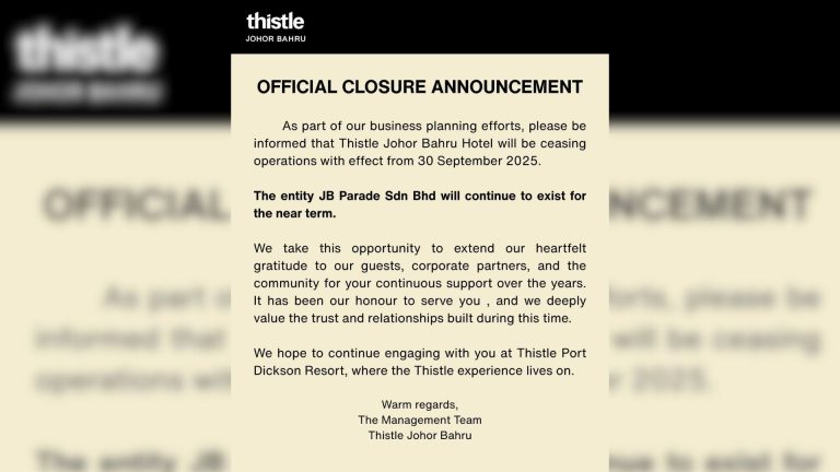 Thistle Hotel Johor Bahru announcement 